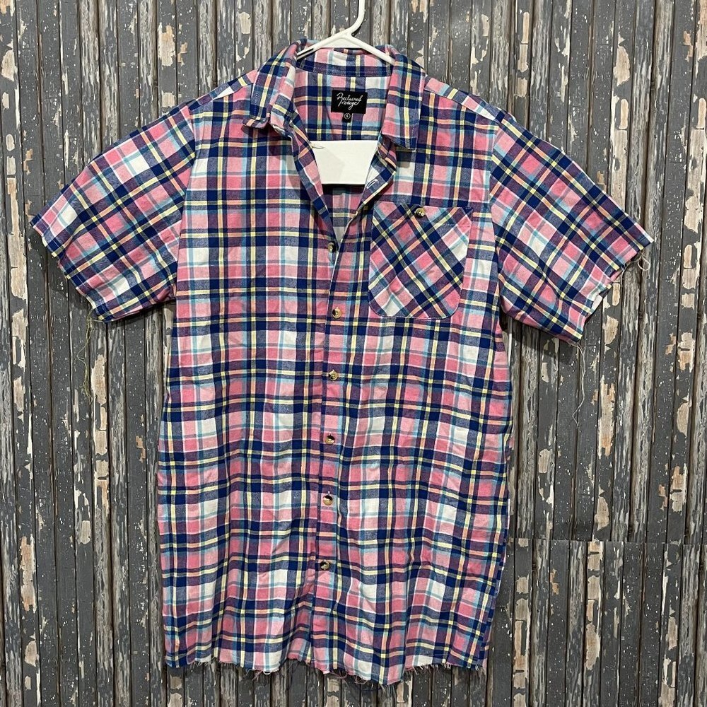 Reclaimed Vintage Raw Hem Plaid Short Sleeve Button Up Mens Medium